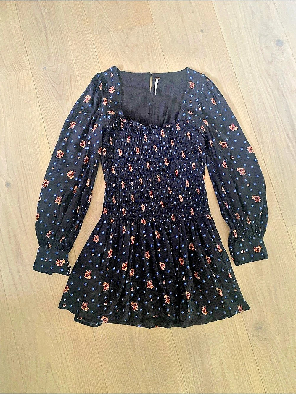 Free People Two Faces Black Floral Smocked Long Sleeve Mini Dress